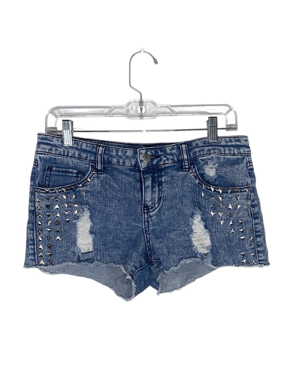Material Girl Silver Studded Distressed Denim Cut Off Shorts Blue Sz 7